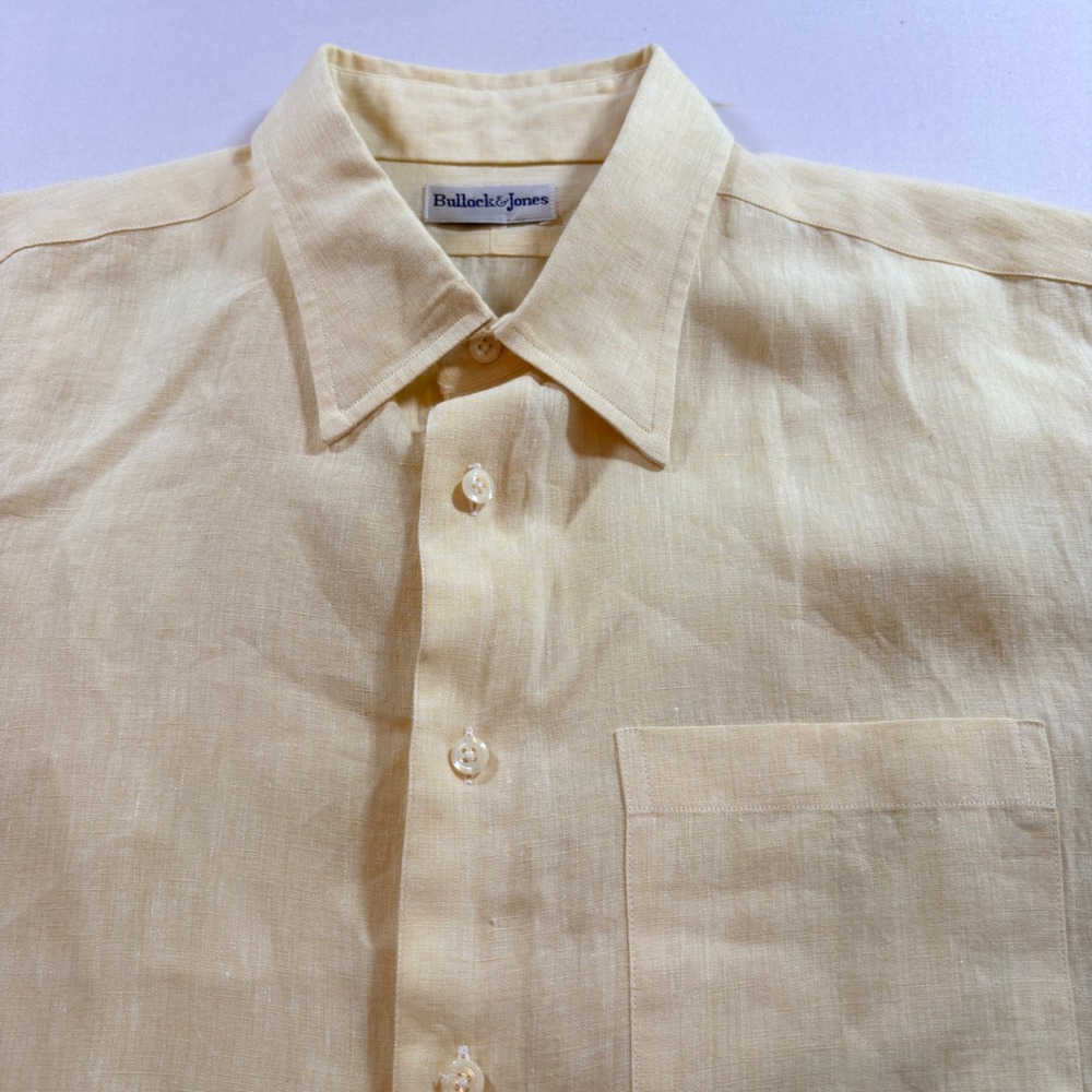 Bullock & Jones Linen Shirt Mens XL Pale Yellow Short Sleeve Button Down Pocket